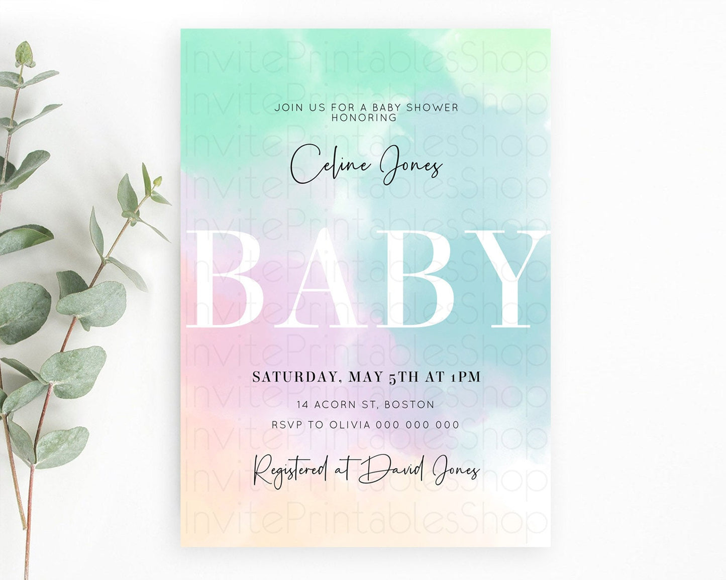 Pastel Rainbow Baby Shower Invitation: Colorful Watercolor with Gold Glitter and Ombre, Clouds - Blue Green Pink Theme Gender Reveal D10375