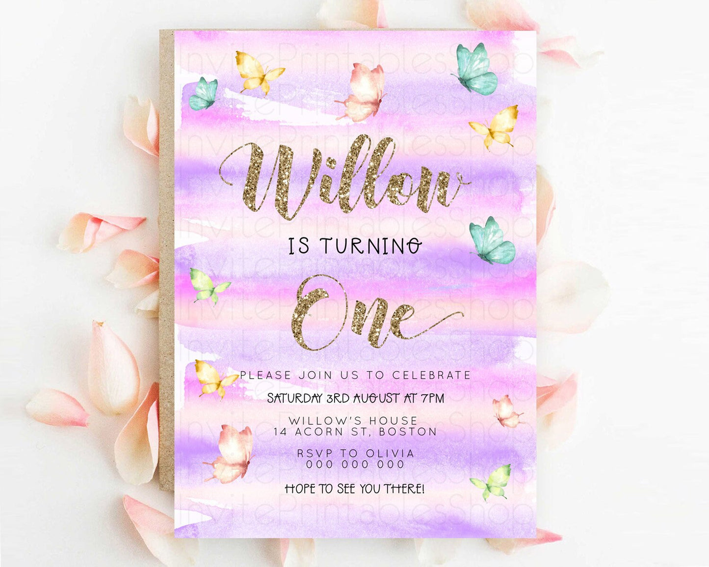 Pastel Butterfly Birthday Invitation Butterfly Birthday Invitation Colorful Splash Glitter Butterfly Garden 1st 2nd Birthday D23219