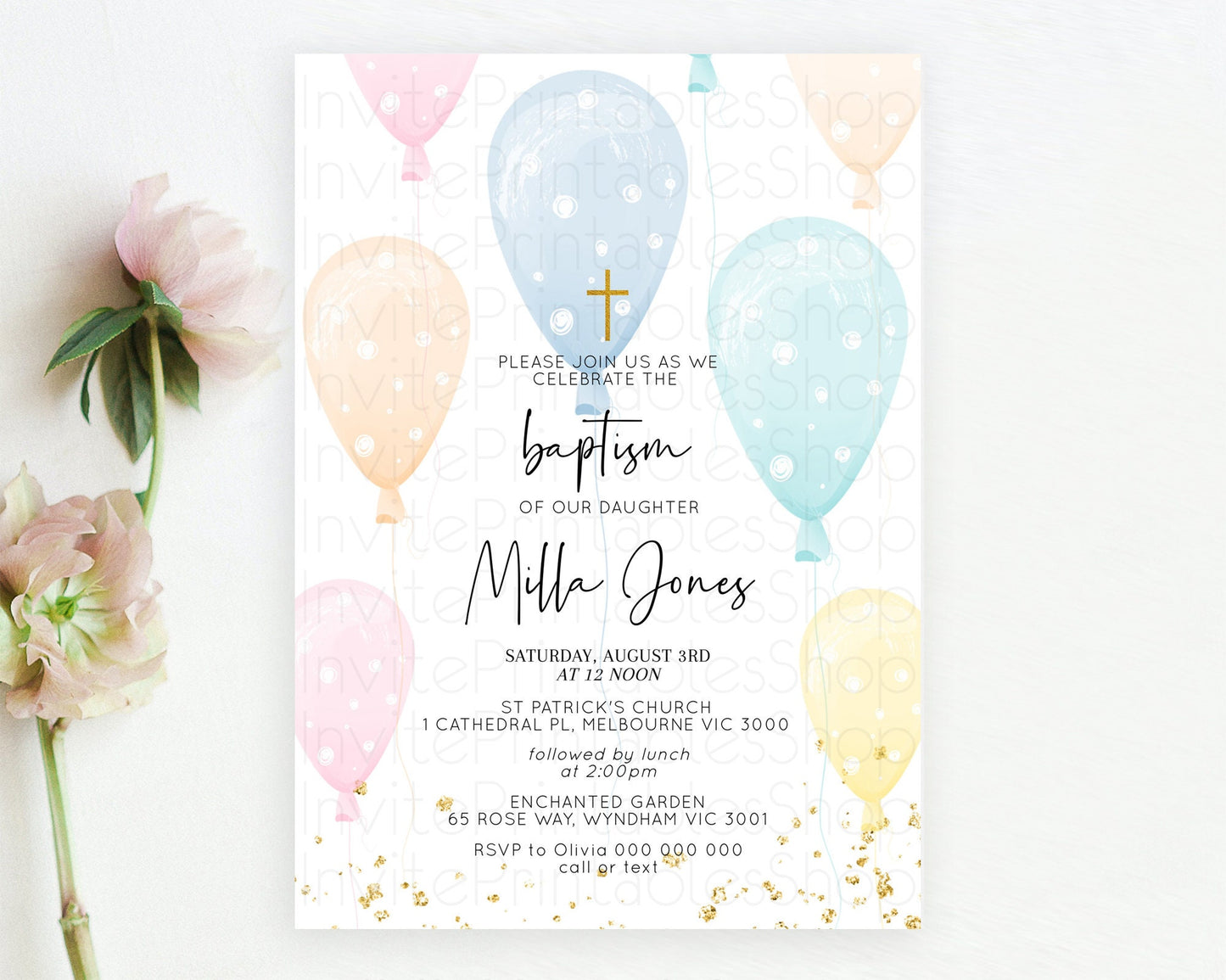 Balloon Baptism Invitation Pastel Baptism 1st Birthday Invitation Pastel Balloon Christening Invite Colorful Rainbow Balloon Invites D10776