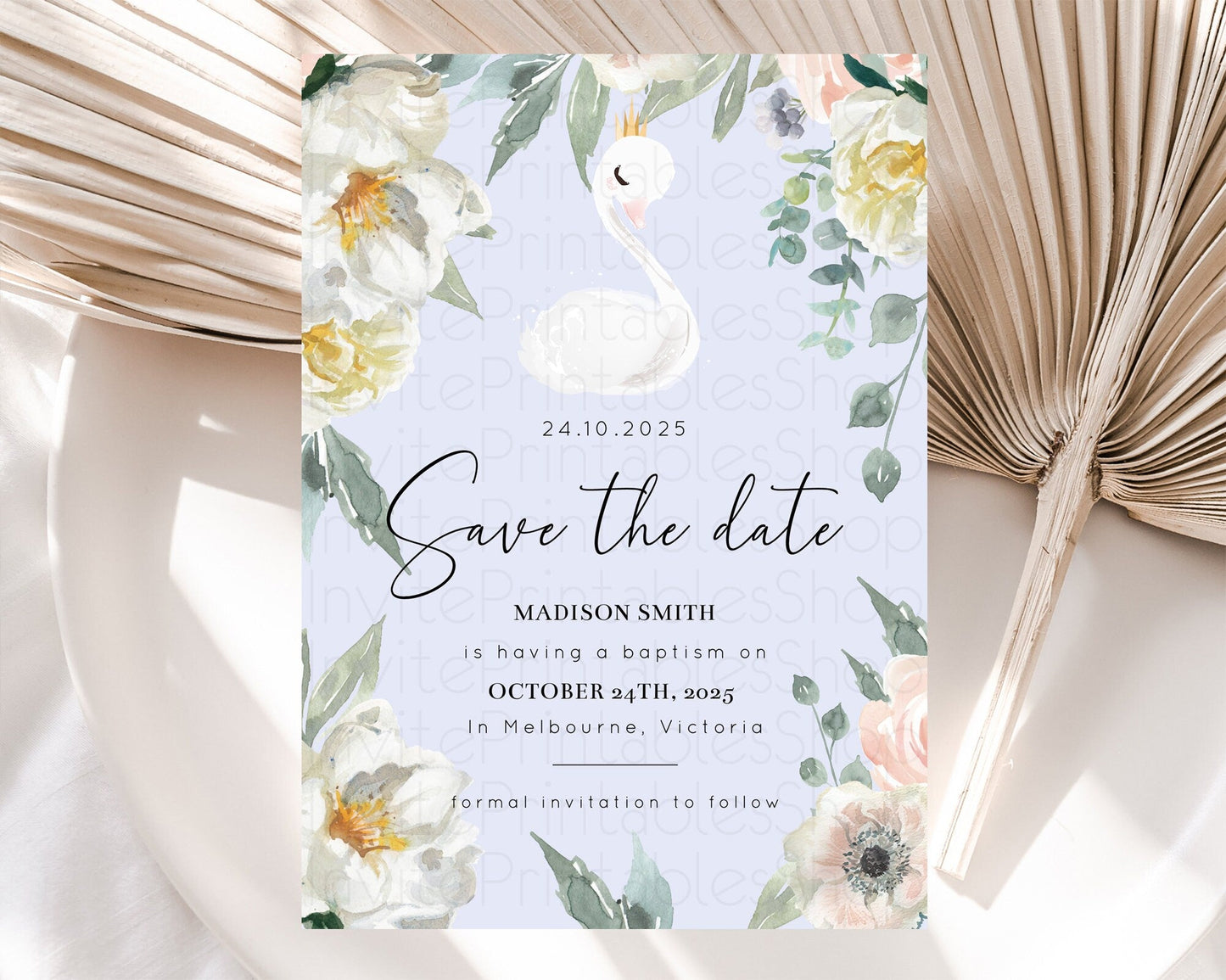 Swan Save The Date Template Swan Princess Ballet Party Enchanted Swan Lake Secret Garden Pastel Floral Birthday Baptism Baby Shower D10756