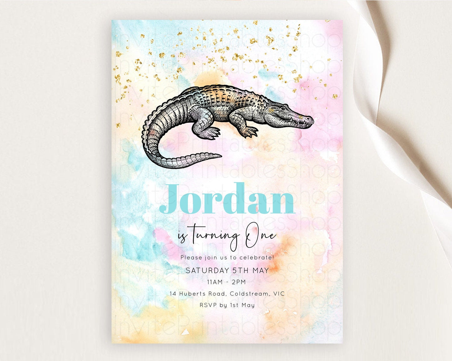 Crocodile Birthday Invitation Alligator Invitation Pastel Swamp Watercolor Alligator Crocodile Invitation Rainbow Gator Invite D10285