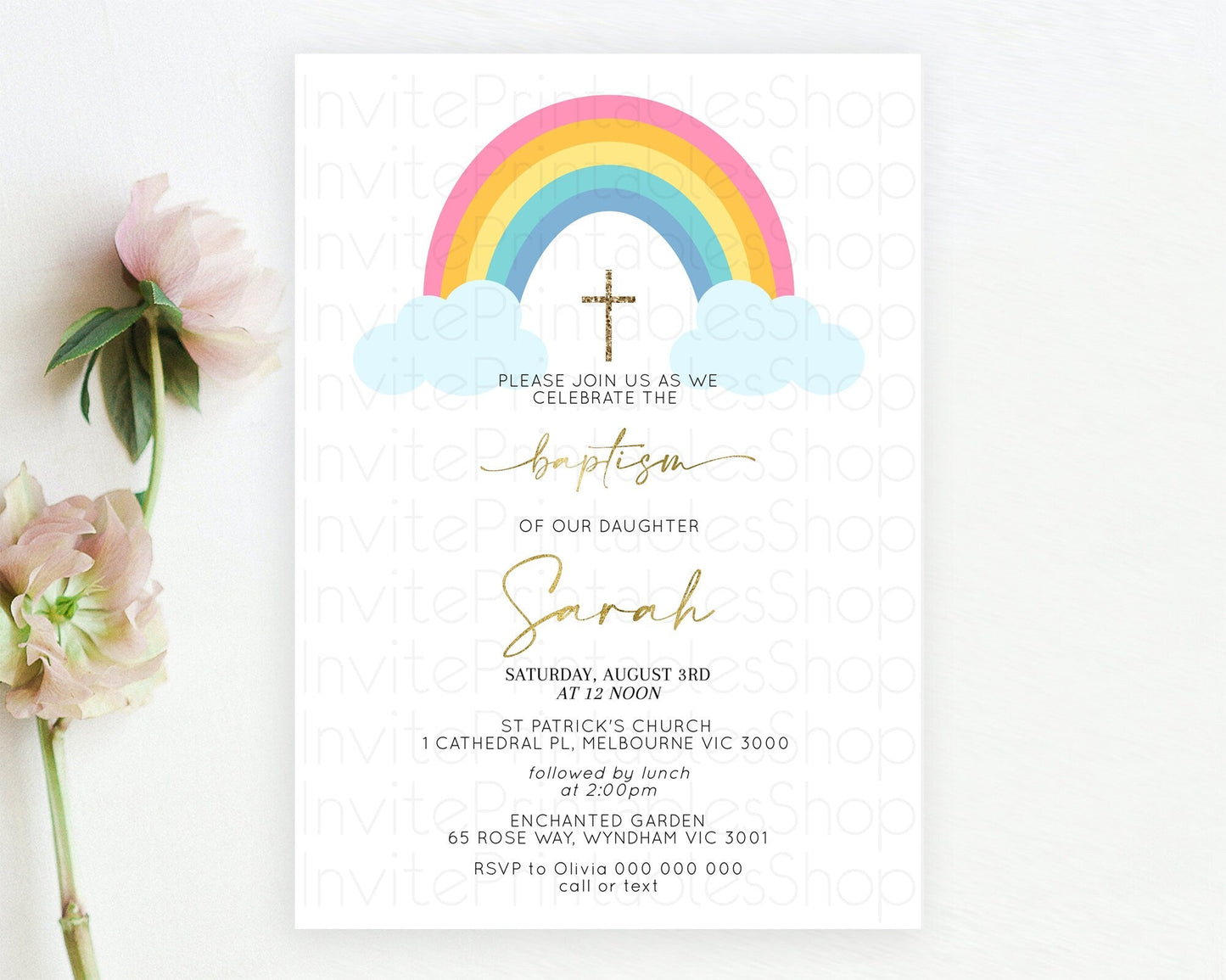 Pastel Rainbow Baptism Invitation Boho Rainbow Baptism 1st Birthday Invitation Rainbow Pastel Watercolor Christening Invitation D10123