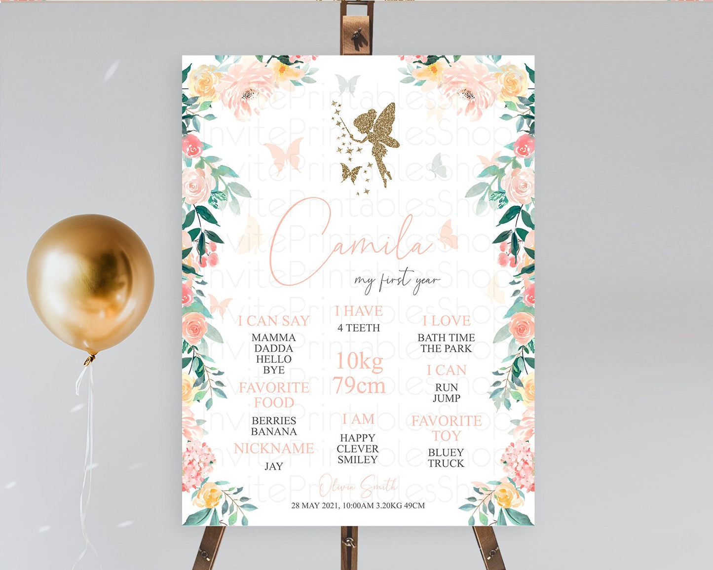 Fairy First Birthday Milestone Poster Fairy Secret Garden Milestone Board Enchanted Garden Pastel Floral Butterfly 1st Birthday Sign D10789