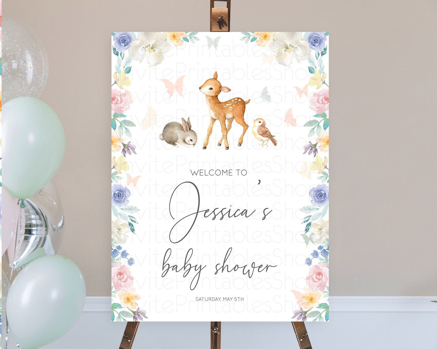 Fawn Baby Shower Welcome Sign Deer Welcome Board Floral Deer Welcome Poster Enchanted Forest Butterfly Pastel Floral Welcome Sign D10930