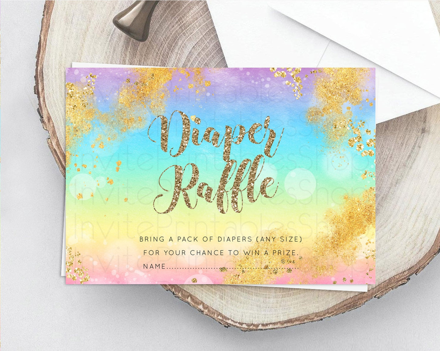 Pastel Diaper Raffle Card Pastel Rainbow Diaper Raffle Insert Colorful Ombre Watercolor Diaper Ticket Confetti Glitter Raffle Game D10561