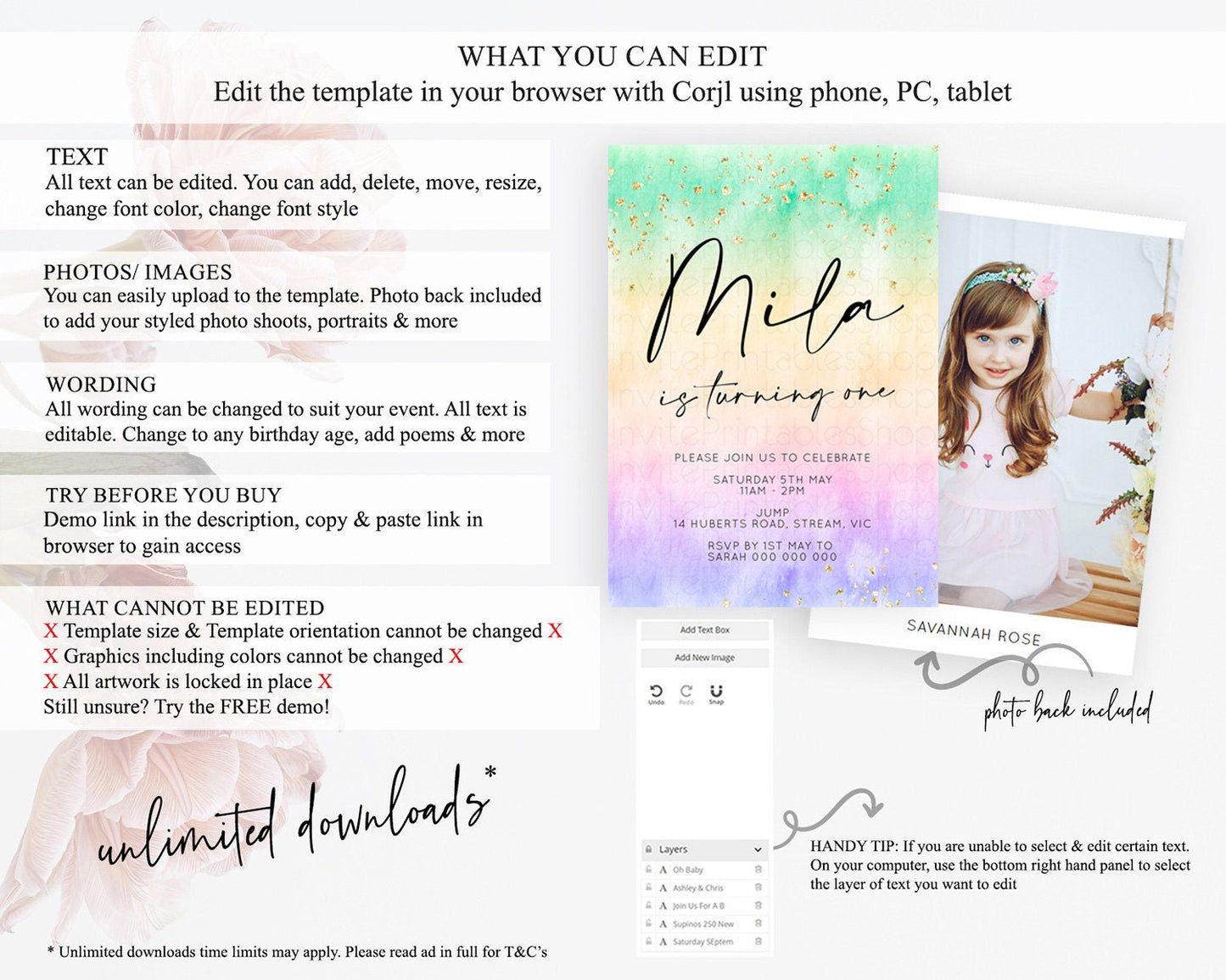 Rainbow Birthday Invitation Colorful Pastel Watercolor Invitation Gold Glitter Sprinkles Ombre Pastel 1st 2nd 3rd Birthday D10481