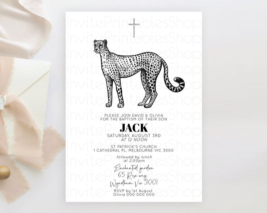 Cheetah Baptism Invitation Cheetah Baptism 1st Birthday Invitation Cheetah Safari Adventure Christening Party Palm Leaf Zoo Cheetah D10290