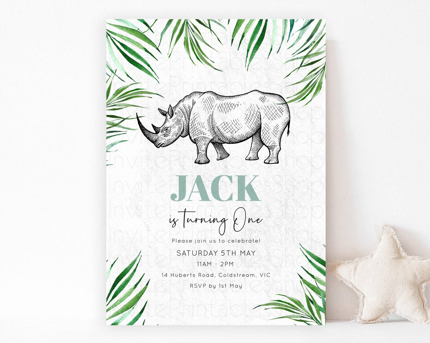 Rhino Birthday Invitation Rhino Invitation Rhino Birthday Rhino Safari Adventure Invite Rhino Palm Leaf Invite Zoo Party D10848