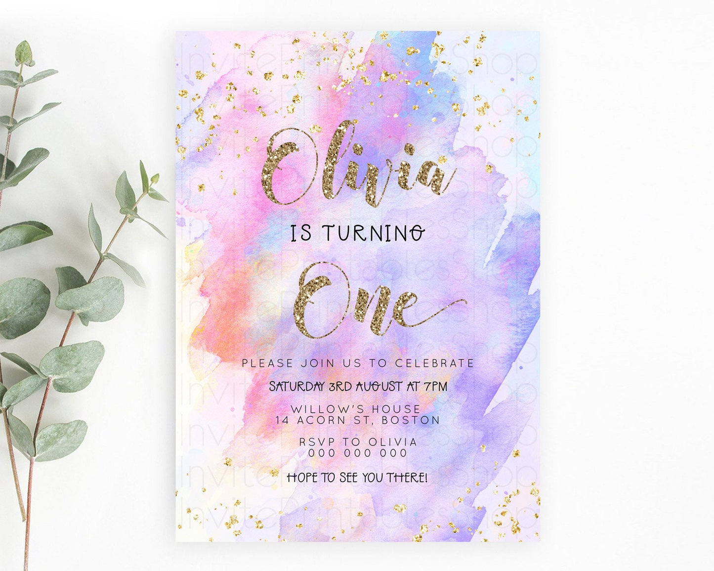 Rainbow Birthday Invitation Colorful Pastel Watercolor Invitation Gold Glitter Sprinkles Ombre Pastel 1st 2nd 3rd Birthday D23294