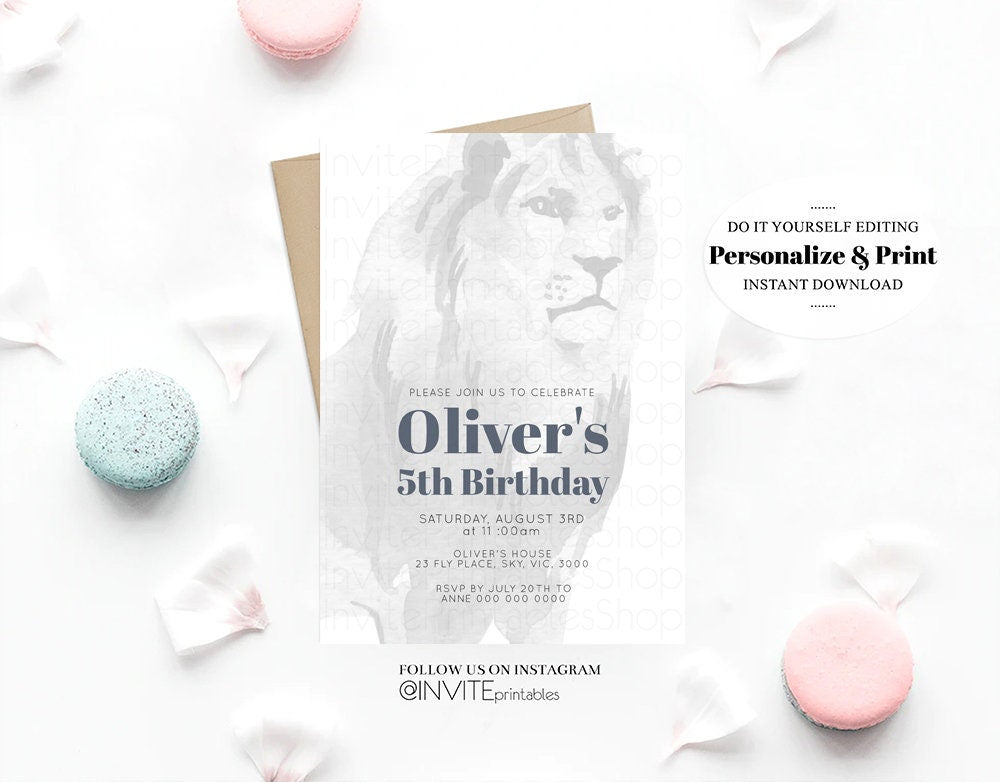 Lion Birthday Invitation Watercolor Lion Invite Tropical Palms Jungle Safari Adventure Zoo Party Wild Party Animal Custom Editable