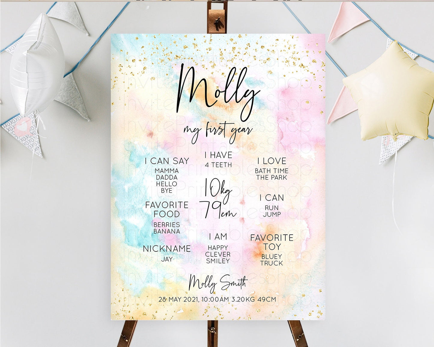 Pastel First Birthday Milestone Board Pastel Rainbow Milestone Poster Colorful Confetti Watercolor Glitter 1st Birthday Welcome Sign D10548