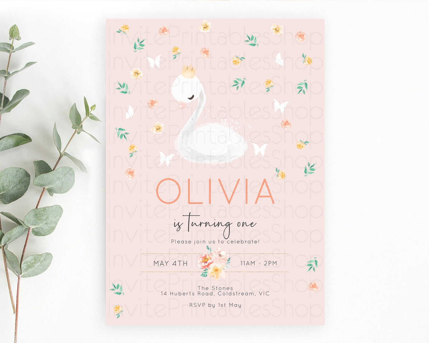 Swan Birthday Invitation Swan Princess Ballet Invitation Enchanted Forest Swan Lake Party Secret Garden Watercolour Pastel Floral D10388