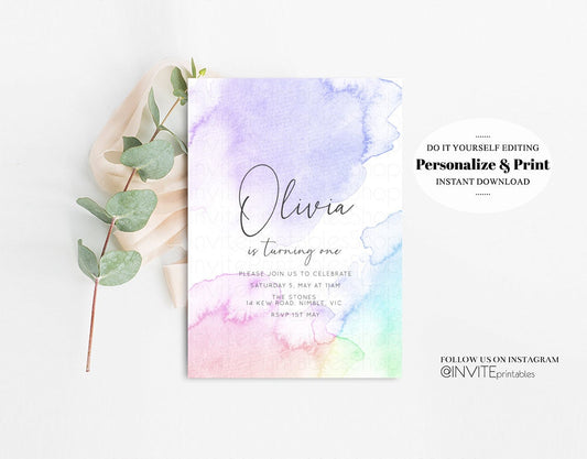 Pastel Rainbow Birthday Invitation Pastel Watercolor Birthday Invite Colorful Watercolor Invite Ombre Pastel Invitation 193