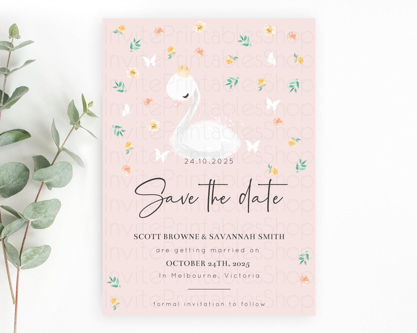 Swan Save The Date Template Swan Princess Ballet Party Enchanted Swan Lake Secret Garden Pastel Floral Birthday Baptism Baby Shower D10388