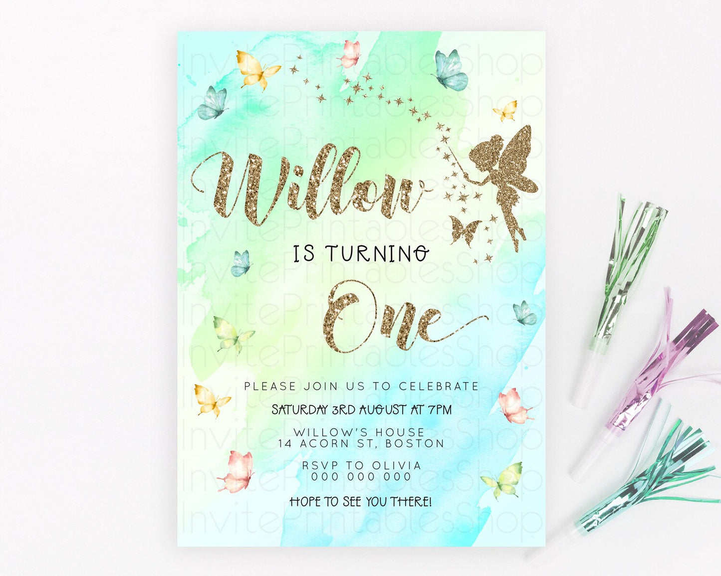 Pastel Fairy Birthday Invitation Pastel Butterflies Fairy Birthday Invitation Rainbow Ombre Watercolor 1st 2nd Birthday Invitation D23334