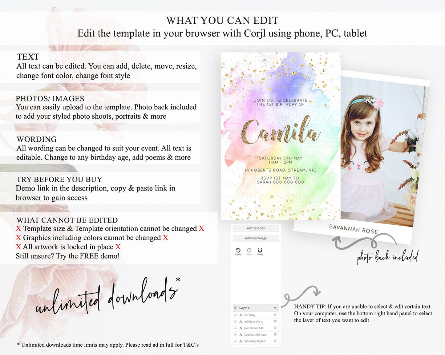 Rainbow Birthday Invitation Colorful Pastel Watercolor Invitation Gold Glitter Sprinkles Ombre Pastel 1st 2nd 3rd Birthday D10319