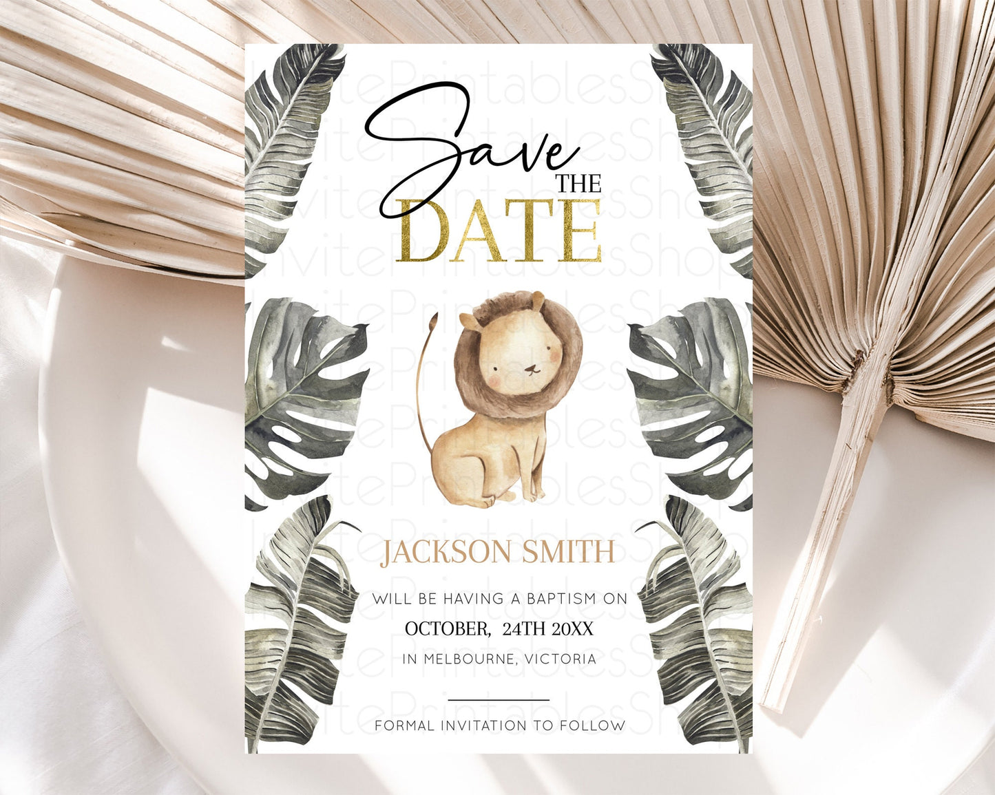 Safari Save The Date Template Lion Gorilla Elephant Rhino Animals Party Tropical Palm Zoo Theme For 1st Birthday Baptism Baby Shower D10599