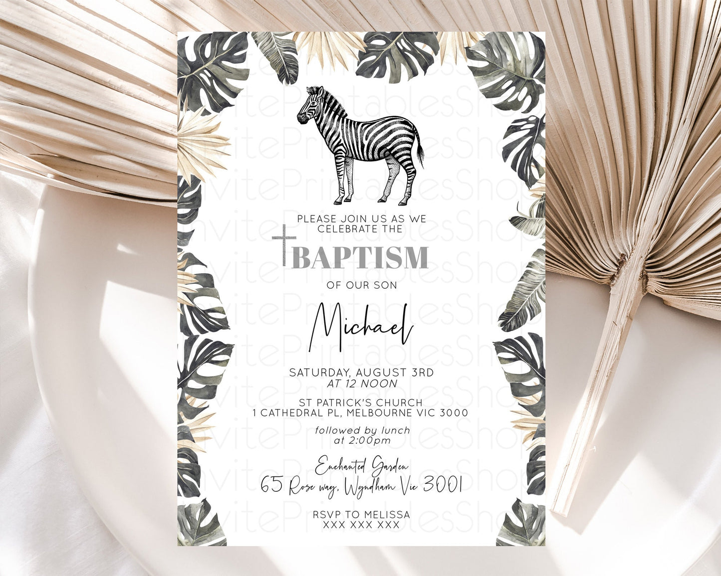 Zebra Baptism Invitation Zebra Baptism 1st Birthday Invitation Jungle Safari Christening Invite Watercolor Tropical Zoo Adventure D10824