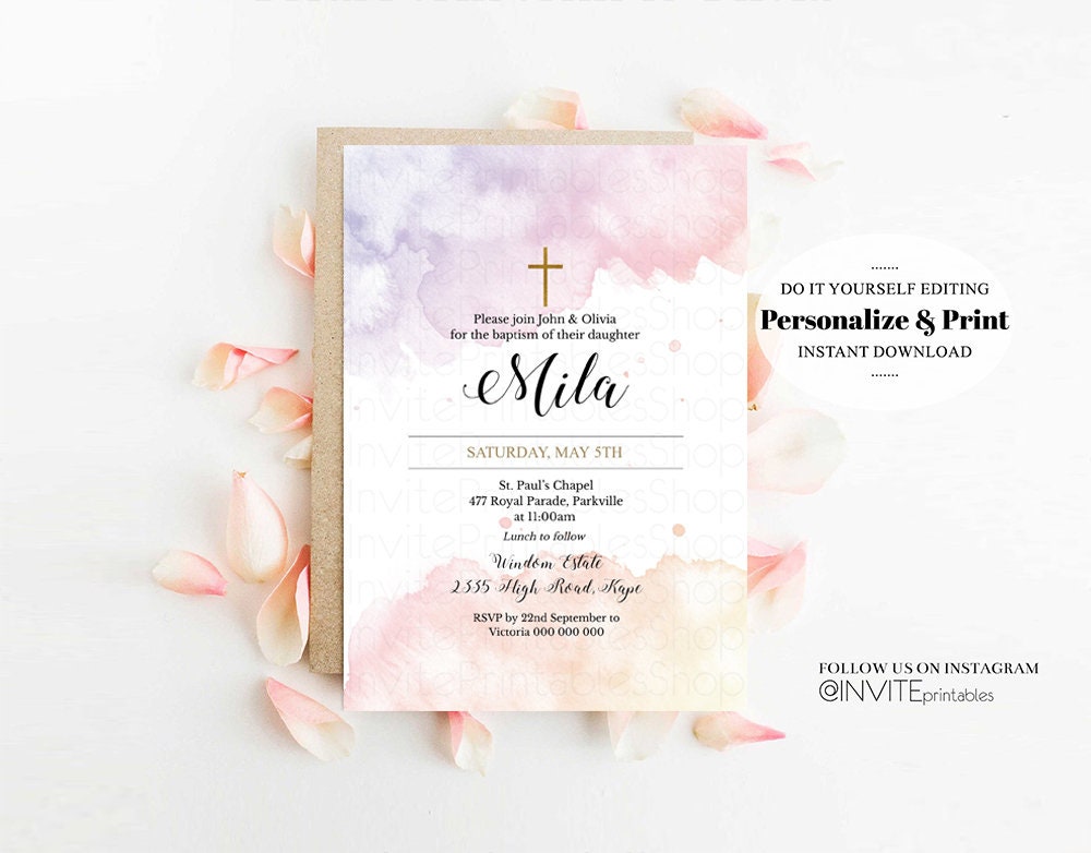 Pink Watercolor Baptism Invitation Pastel Purple Christening Invitation Splash Glitter Gold Sprinkles Foil Splatter Holy Communion Cross