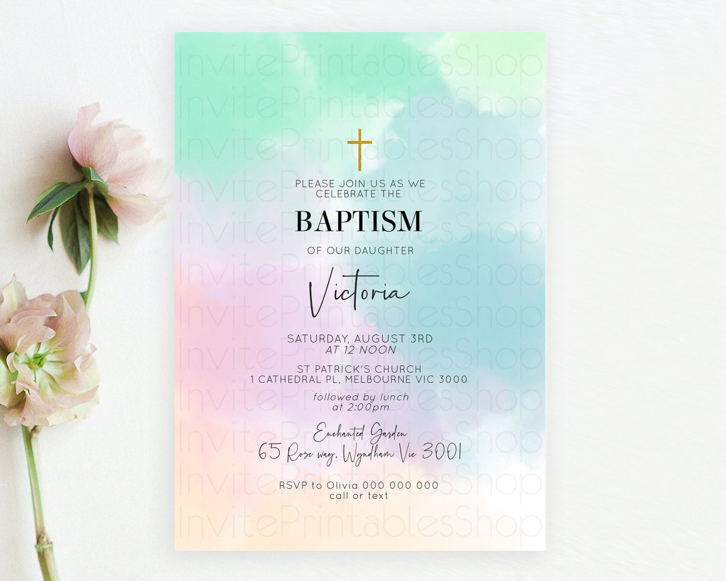 Pastel Baptism Invitation Pastel Colors Watercolor Baptism 1st Birthday Party Gold Ombre Pastel Rainbow Christening Holy Communion D10375