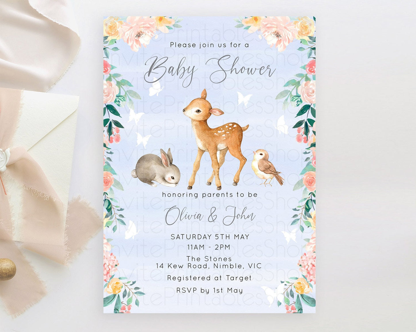 Deer Baby Shower Invitation, Whimsical Enchanted Forest Fawn and Butterflies, Soft Pastel Watercolor Blue, Pink Green Floral Accents D10920