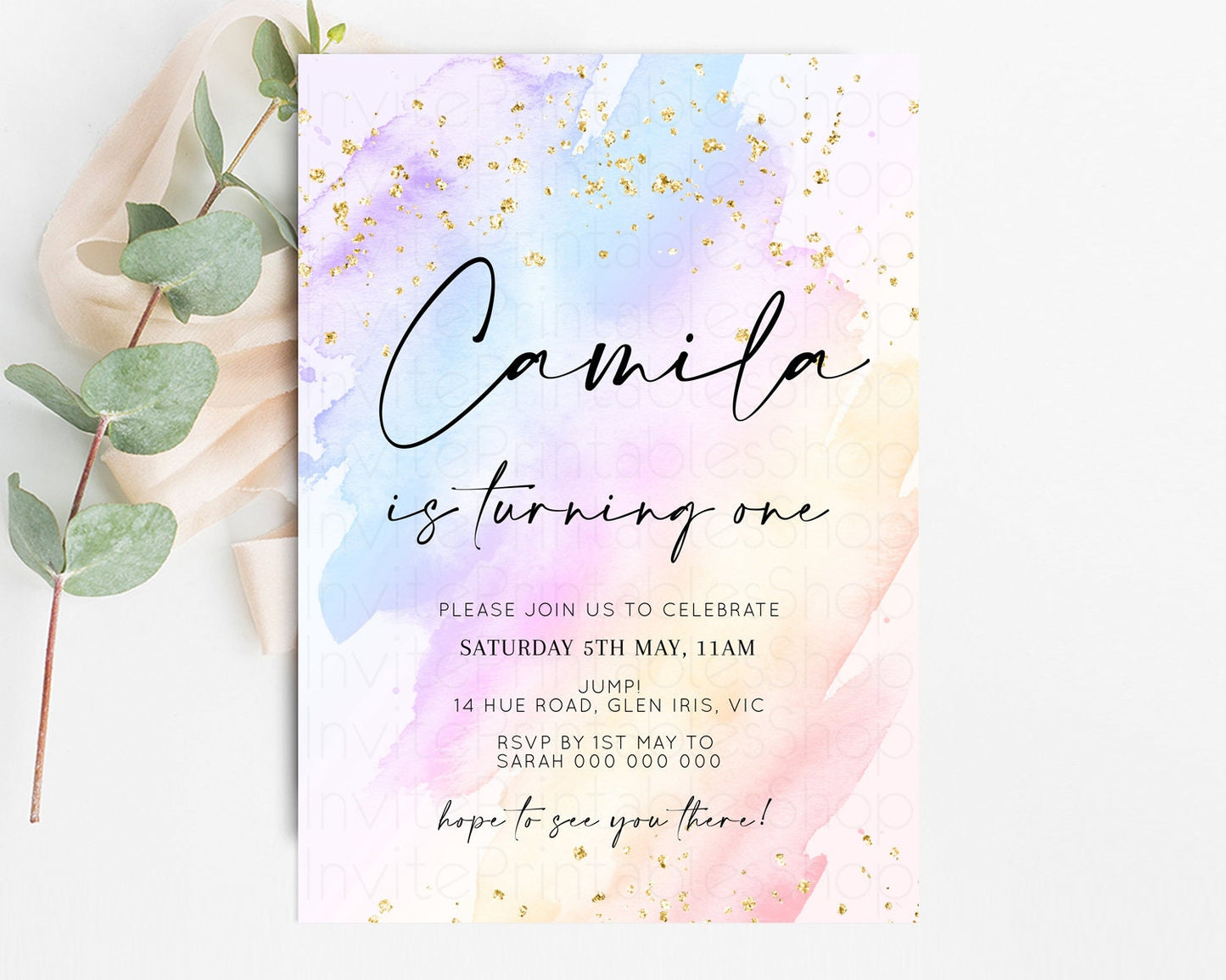 Rainbow Birthday Invitation Glitter Pastel Invitation Colorful Watercolor Gold Foil Splatter Sprinkle Ombre 1st 2nd 3rd Birthday Invite t600