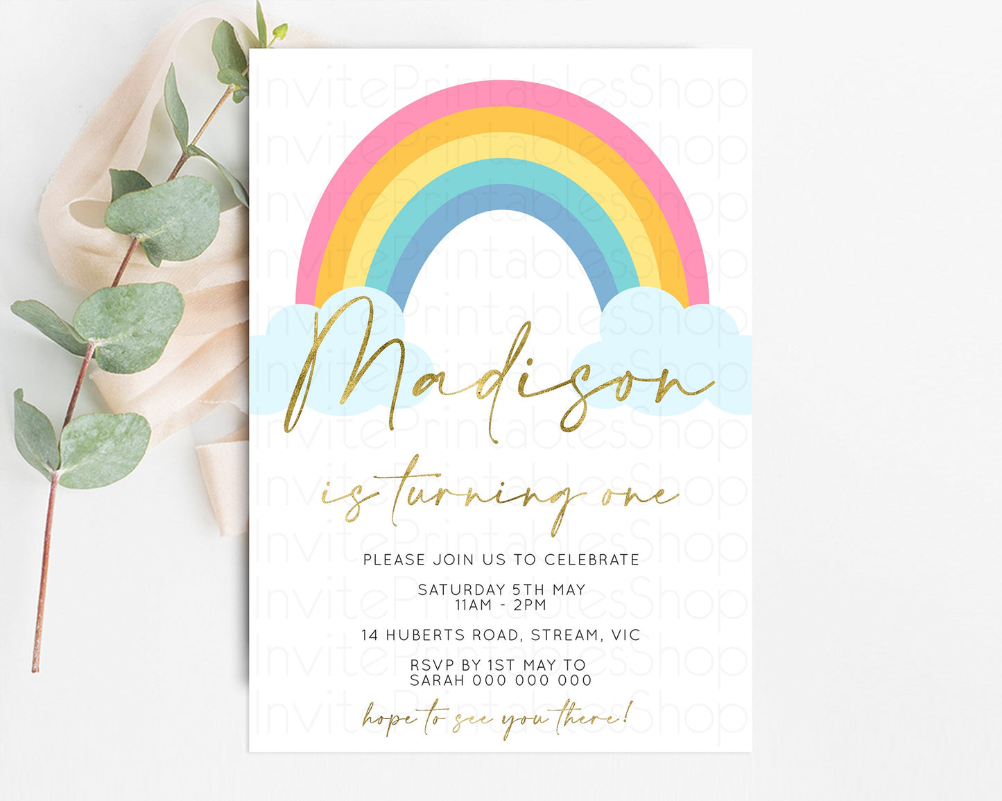 Rainbow Birthday Invitation Colorful Pastel Invitation Heart Rainbow Invite Watercolor Pink Blue Yellow Clouds 1st 2nd 3rd Birthday 190