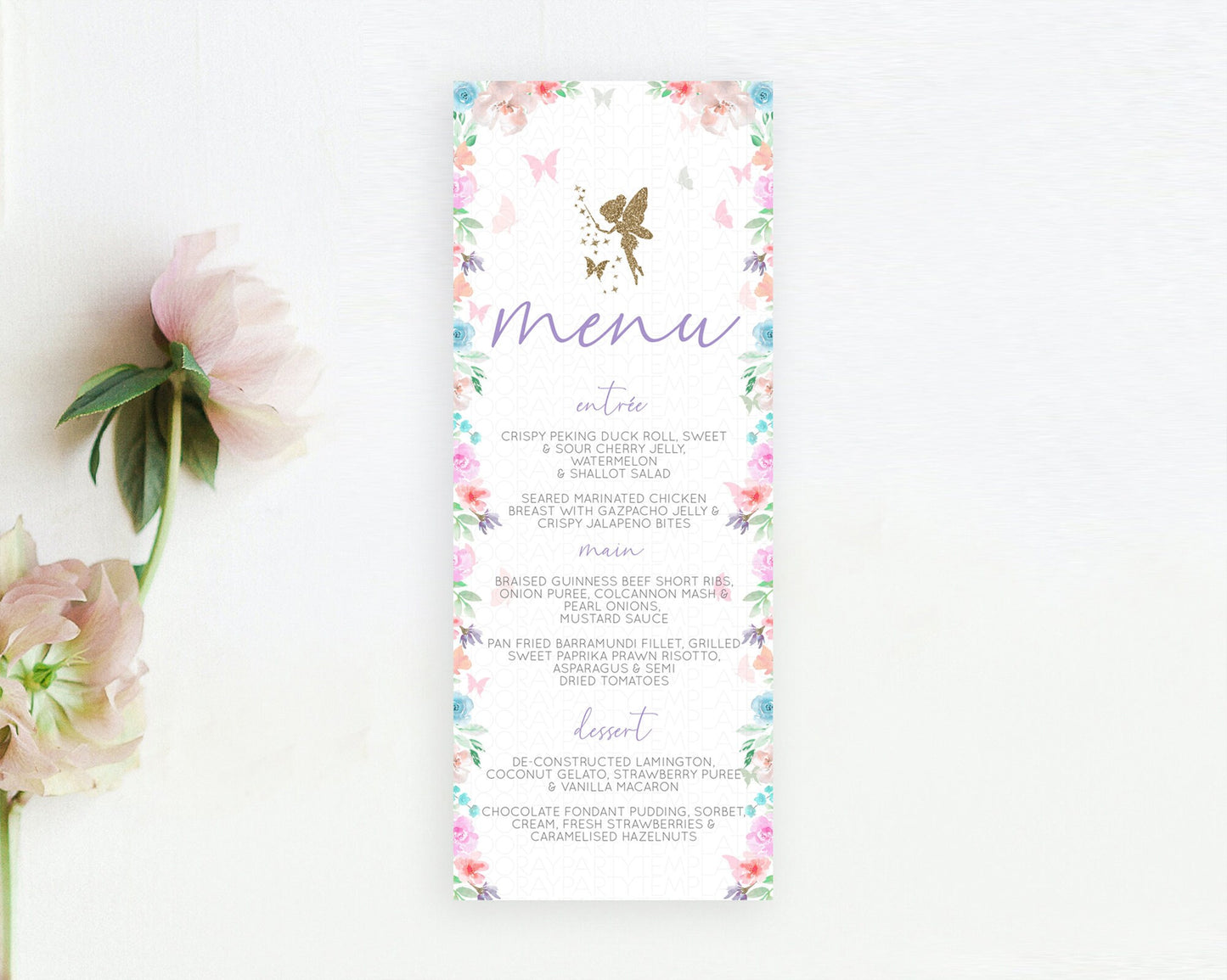 Fairy Menu Fairy Menu Template Enchanted Garden Pastel Floral Butterfly Table Décor Fairy Secret Garden Dinner Dessert Food Menu D10126