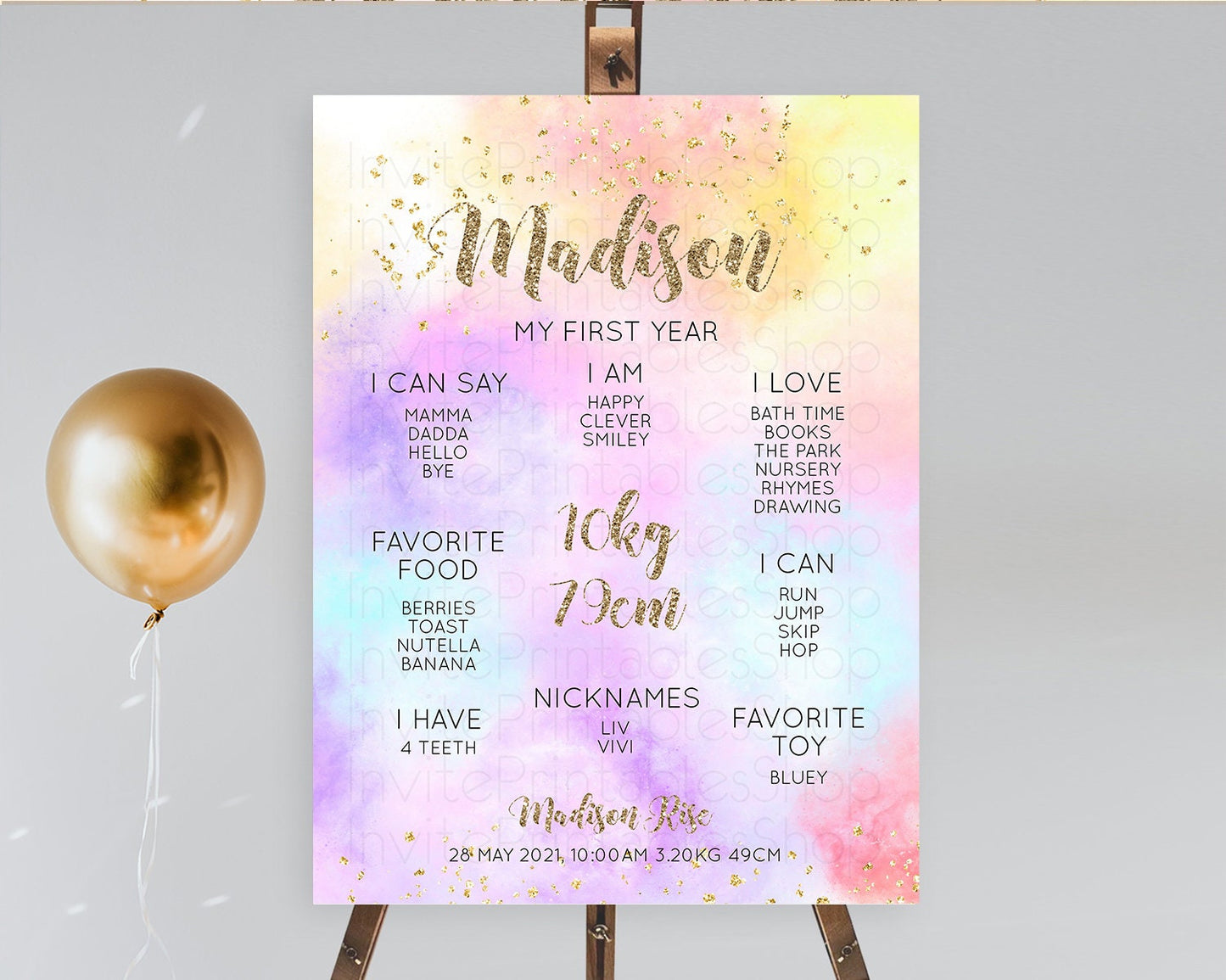 Pastel First Birthday Milestone Board Pastel Rainbow Milestone Poster Colorful Confetti Watercolor Glitter 1st Birthday Welcome Sign D10435
