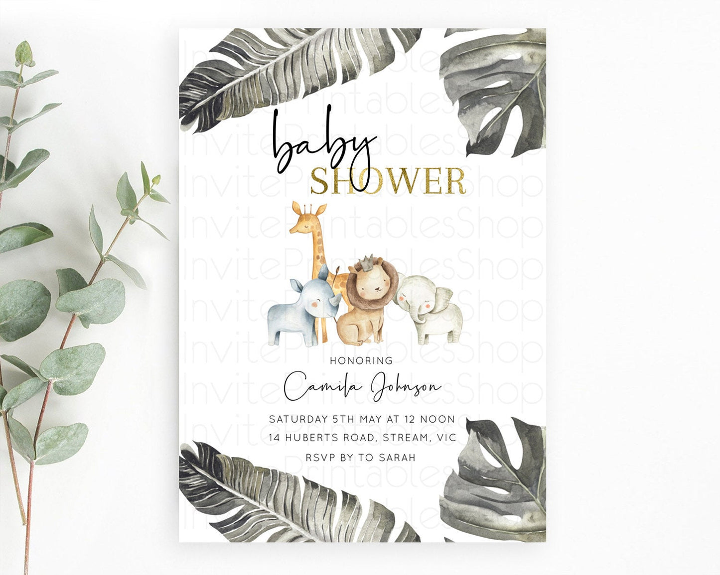 Safari Baby Shower Invitation Baby Lion Gorilla Elephant Rhino Invitation Tropical Palm Jungle Safari Adventure Baby Animals D10599