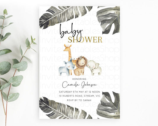 Safari Baby Shower Invitation Baby Lion Gorilla Elephant Rhino Invitation Tropical Palm Jungle Safari Adventure Baby Animals D10599