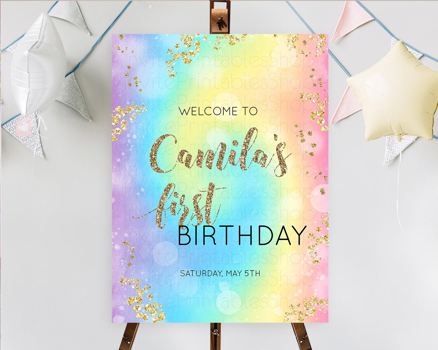 Pastel Welcome Sign Pastel Rainbow Welcome Sign Colorful Rainbow Confetti Watercolor Glitter Pastel First Birthday Welcome Sign D10568