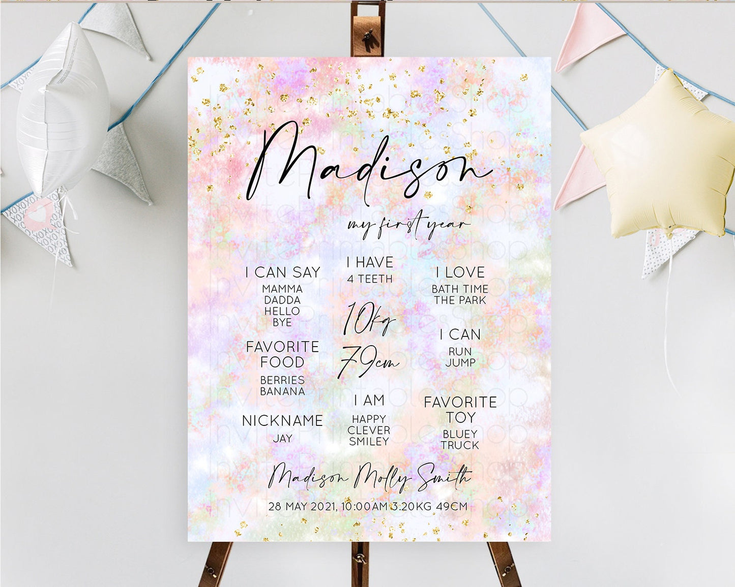 Pastel First Birthday Milestone Board Pastel Rainbow Milestone Poster Colorful Confetti Watercolor Glitter 1st Birthday Welcome Sign D10649