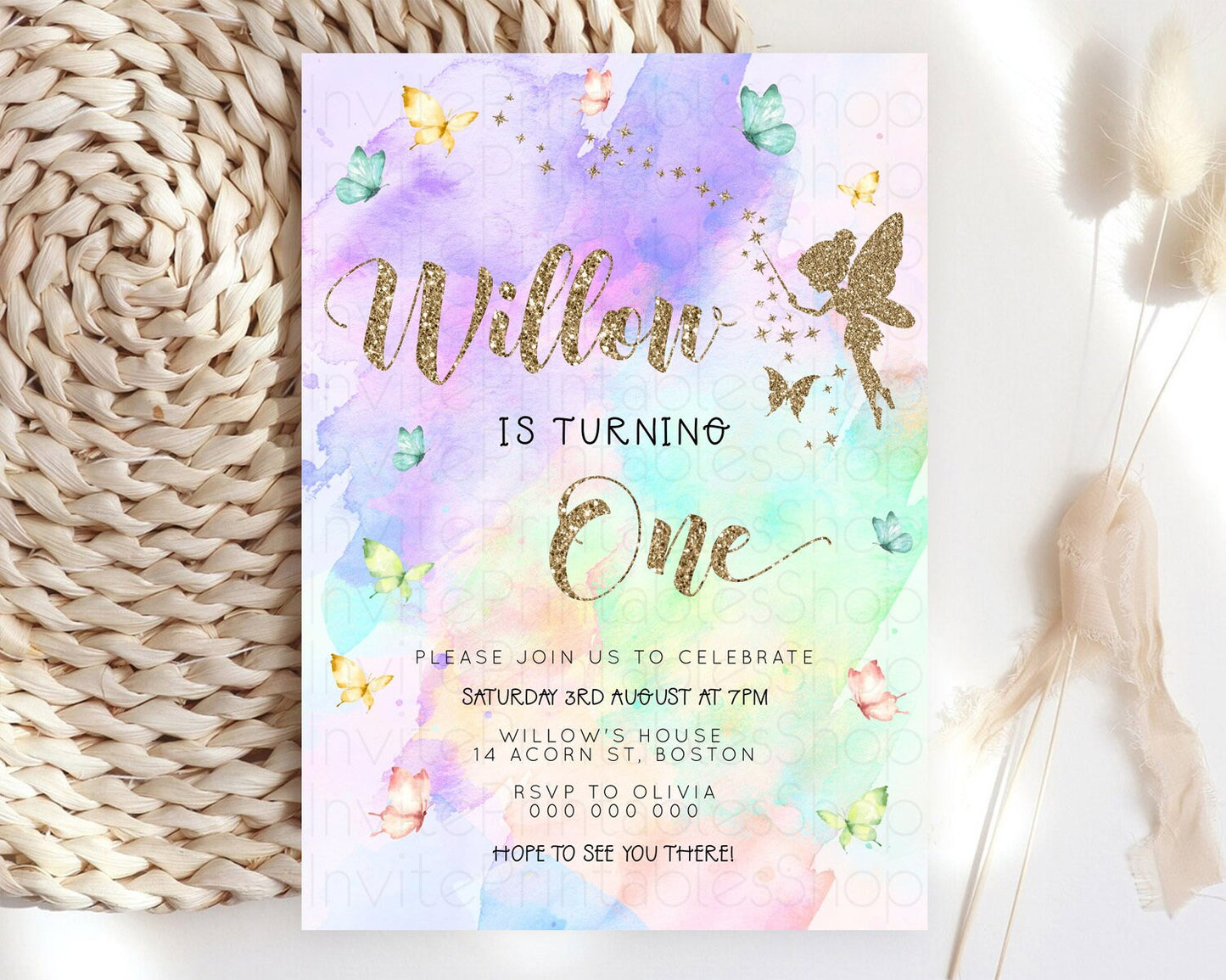 Pastel Fairy Birthday Invitation Pastel Butterflies Fairy Birthday Invitation Rainbow Ombre Watercolor 1st 2nd Birthday Invitation D23344