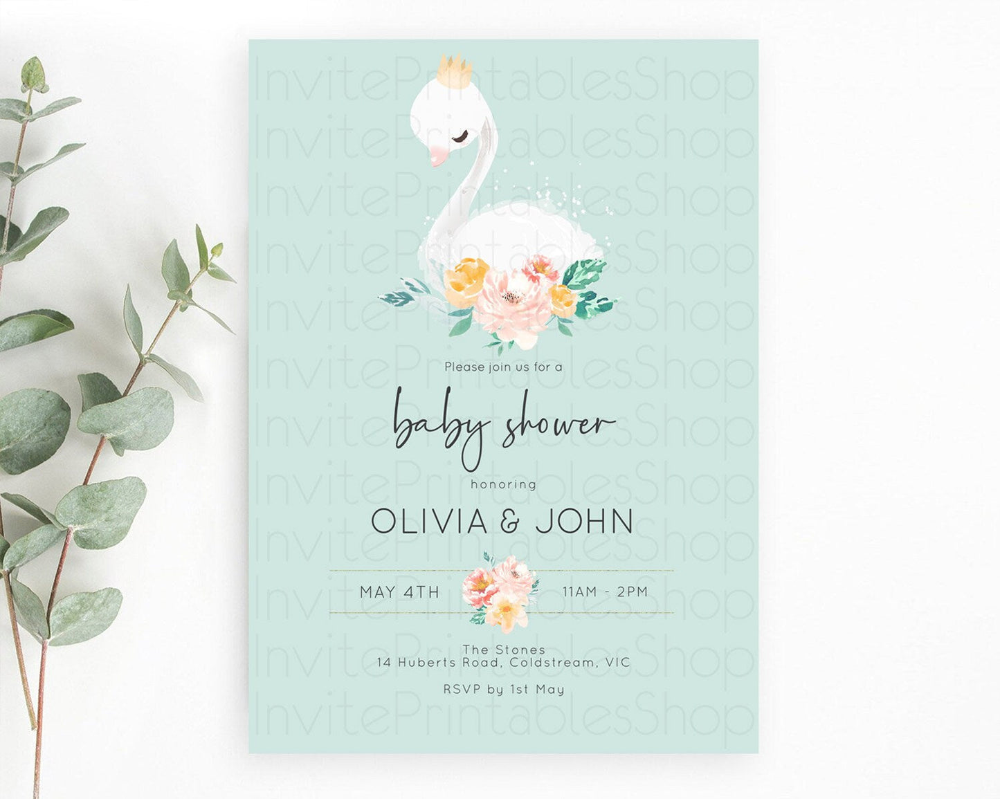 Swan Lake Baby Shower Invitation, Secret Garden, White Swan Princess Ballet, Watercolor Pink Green Floral, Butterflies, Soft Green D10905