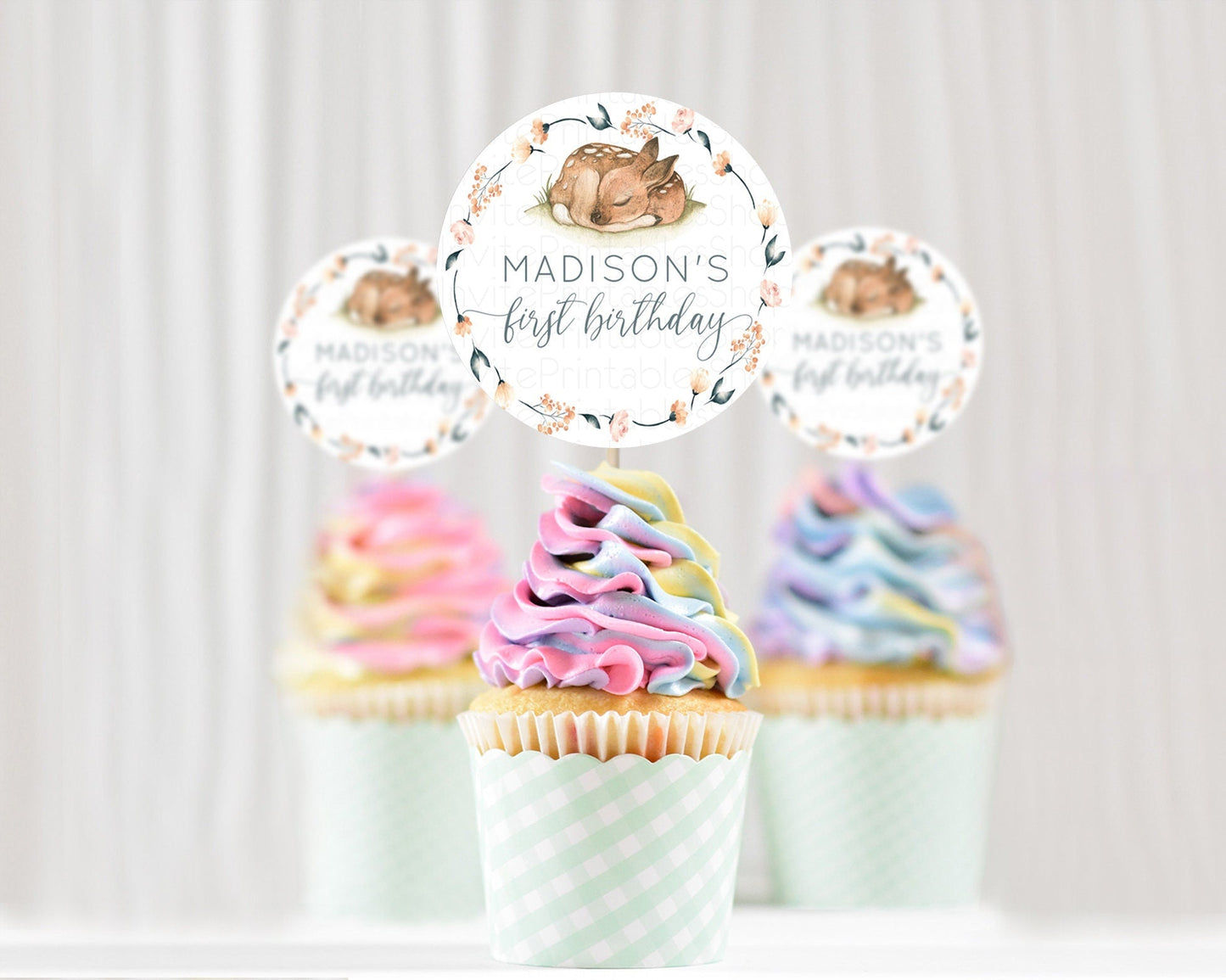 Fawn Cupcake Toppers Deer Cupcake Toppers Enchanted Forest Party Butterfly Pastel Flowers Woofland Cupcake Toppers First Birthday D10790