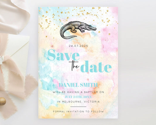 Editable Pastel Croc Gator Save The Date Template Rainbow Watercolor Croc Ga
