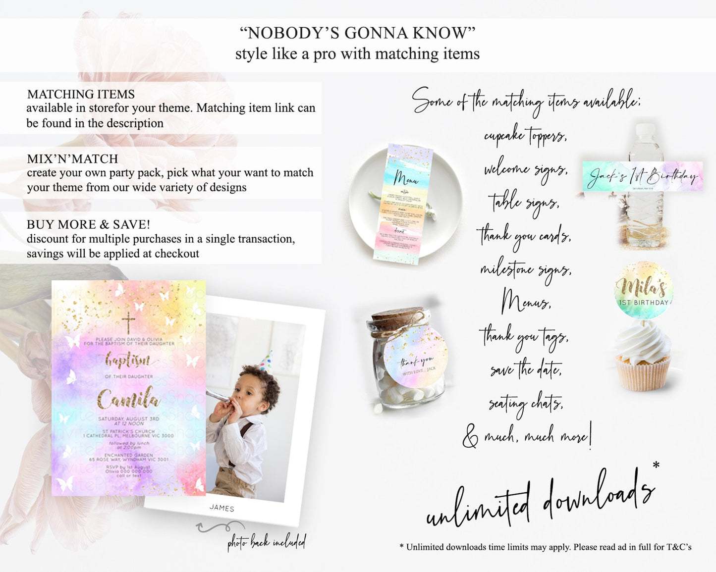 Pastel Baptism Invitation Pastel Colors Watercolor Baptism 1st Birthday Party Gold Ombre Pastel Rainbow Christening Holy Communion D10435