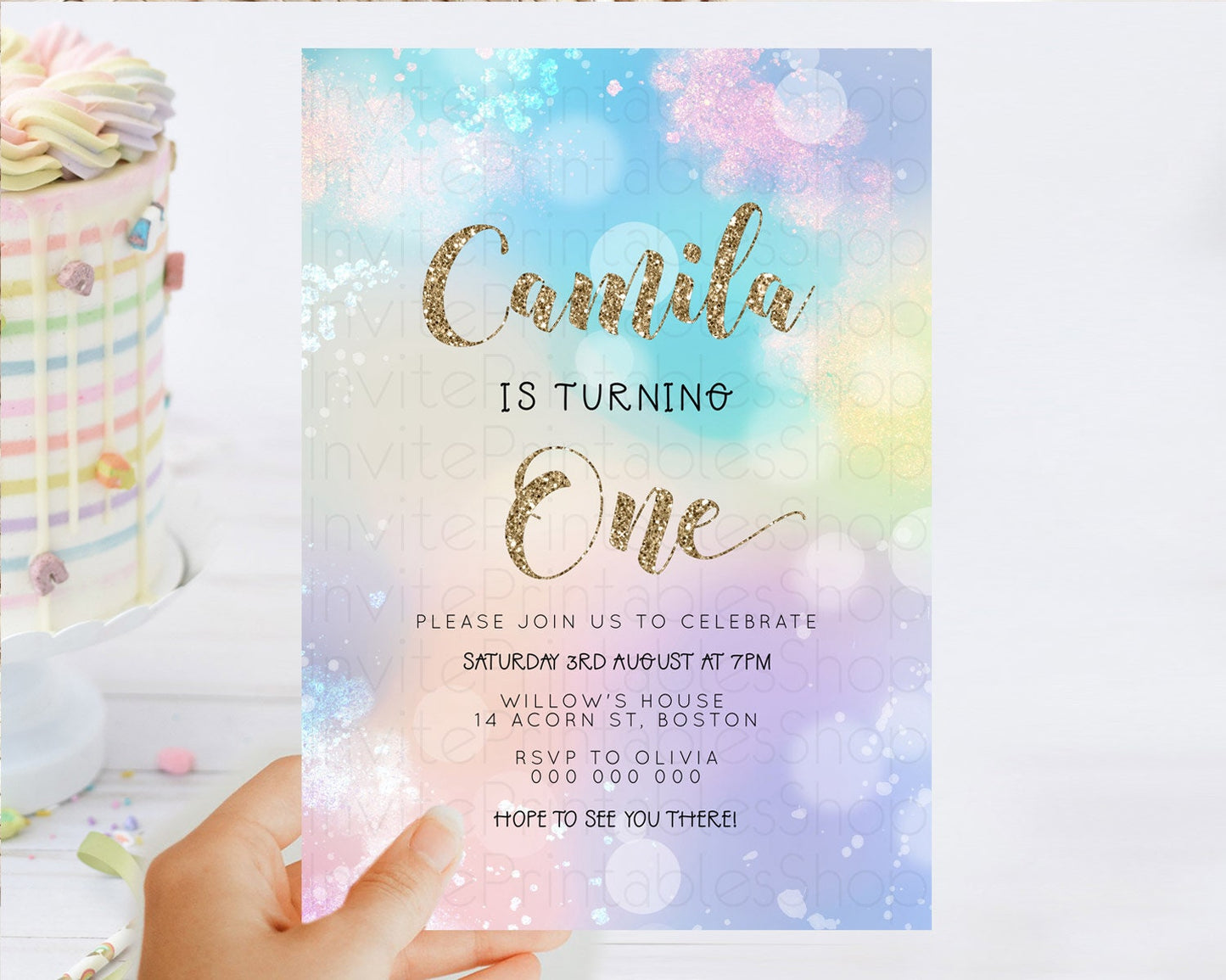 Rainbow Birthday Invitation Colorful Pastel Watercolor Invitation Gold Glitter Sprinkles Ombre Pastel 1st 2nd 3rd Birthday D23129