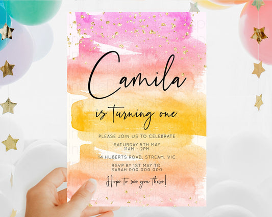 Editable Rainbow Birthday Invitation Colorful Pastel Watercolor Invitation G
