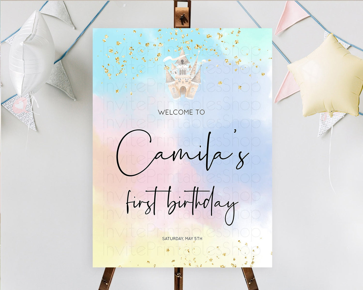 Princess Birthday Welcome Sign Pastel Princess Welcome Board Pastel Rainbow Colorful Enchanted Castle First Birthday Welcome Sign D10376