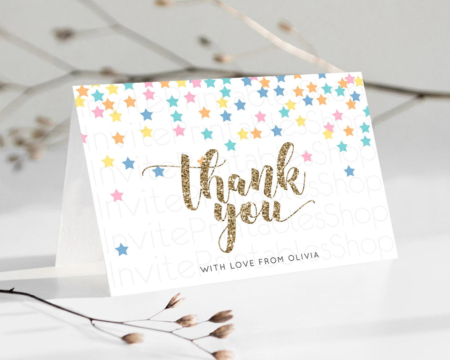 Star Thank You Card Pastel Stars Thank You Shooting Star Rainbow Colorful Confetti Twinkle Little Star Birthday Teacher Thank You D10298