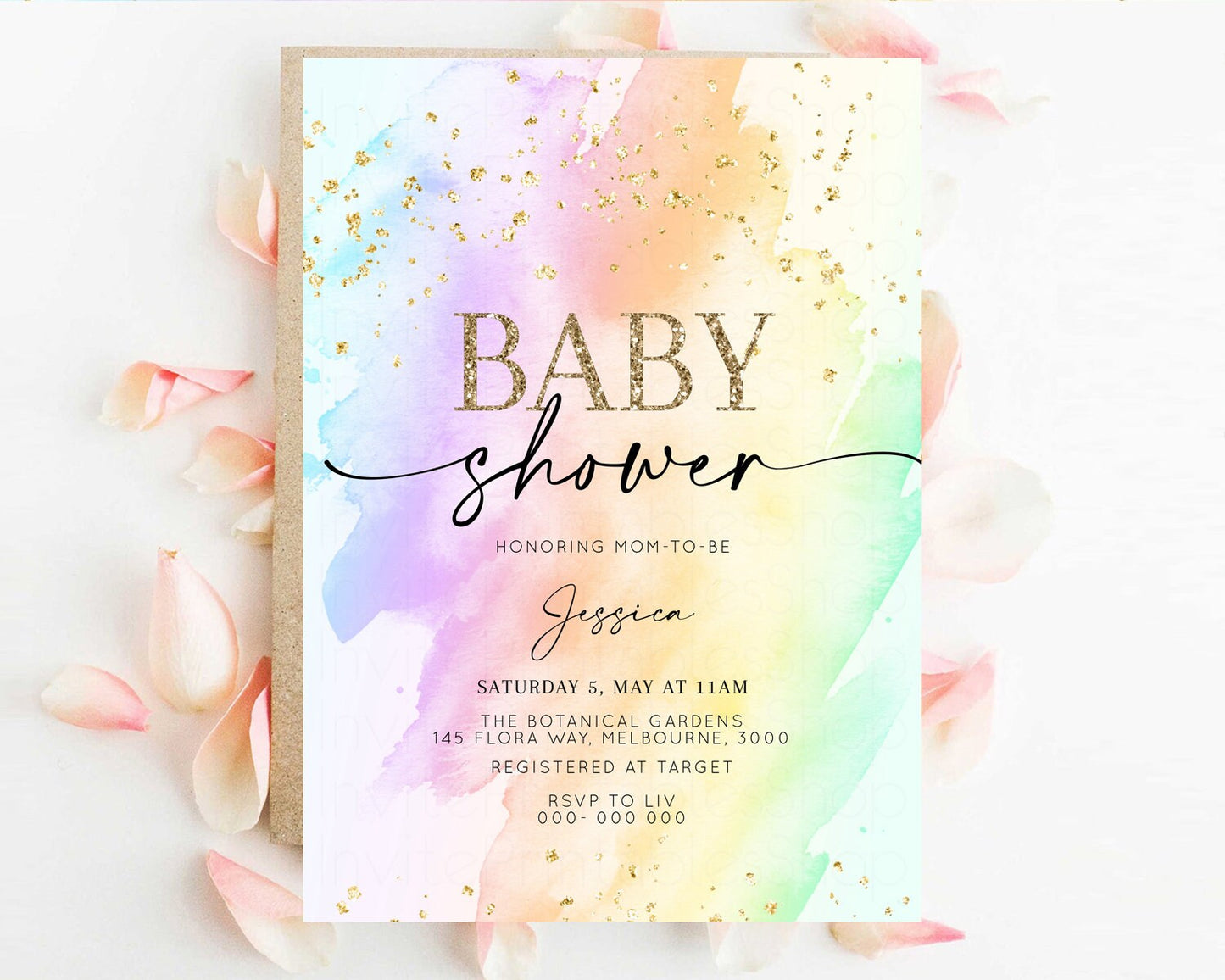 Rainbow Baby Shower Invitation Pastel Baby Shower Invitation Watercolor Ombre Invitation Rainbow Pastel Colors Invite Glitter Confetti t602