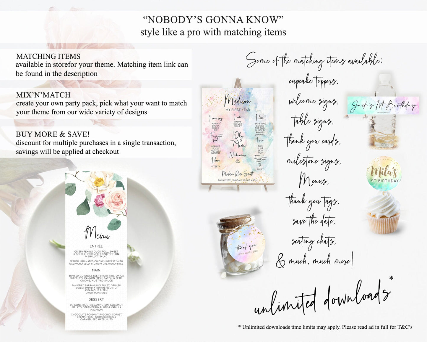 Secret Garden Menu Wildflower Menu Template Pastel Flower Garden Table Decor Boho Floral Dinner Dessert Floral Party Food Menu D11048