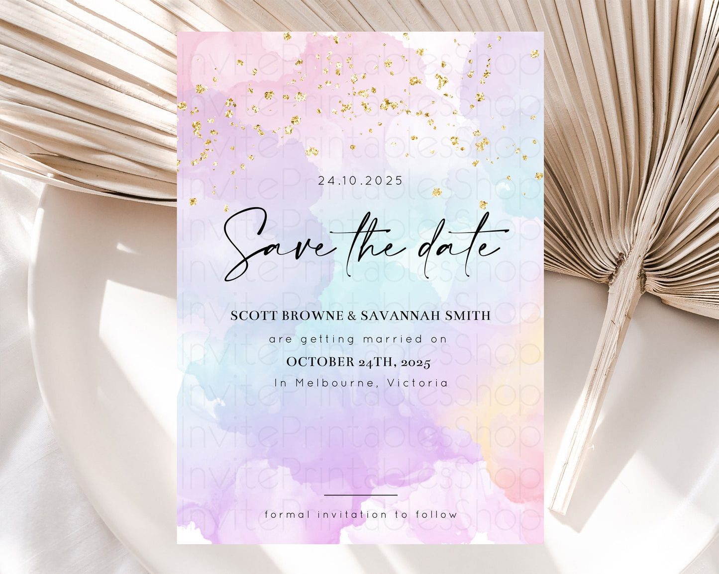 Pastel Save The Date Template Pastel Ombre Rainbow Watercolor Colorful Party For Birthday Baptism Baby Shower Wedding Bridal Shower D10623