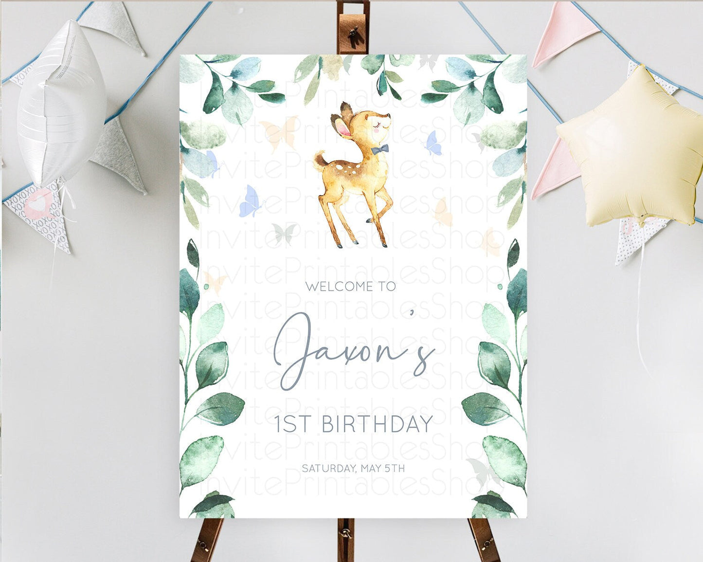 Fawn Welcome Sign Deer Welcome Board Floral Deer Welcome Poster Enchanted Forest Butterfly Pastel Floral First Birthday Welcome Sign D10767