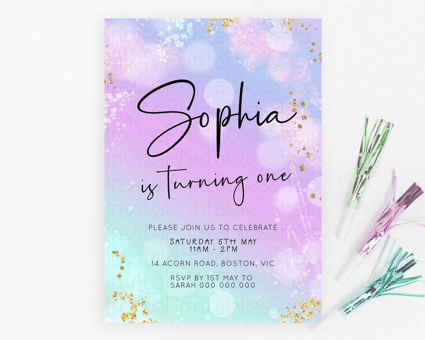 Pastel Birthday Invitation Ombre Watercolor Birthday Invitation Glitter Rainbow Color Splash 1st 2nd 3rd Birthday Invitation D23109