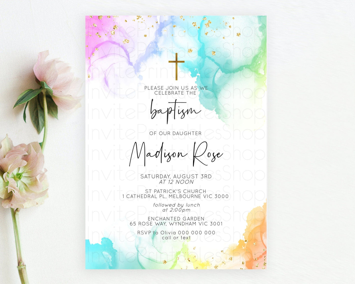 Pastel Baptism Invitation Pastel Colors Watercolor Baptism 1st Birthday Party Gold Ombre Pastel Rainbow Christening Holy Communion D10181