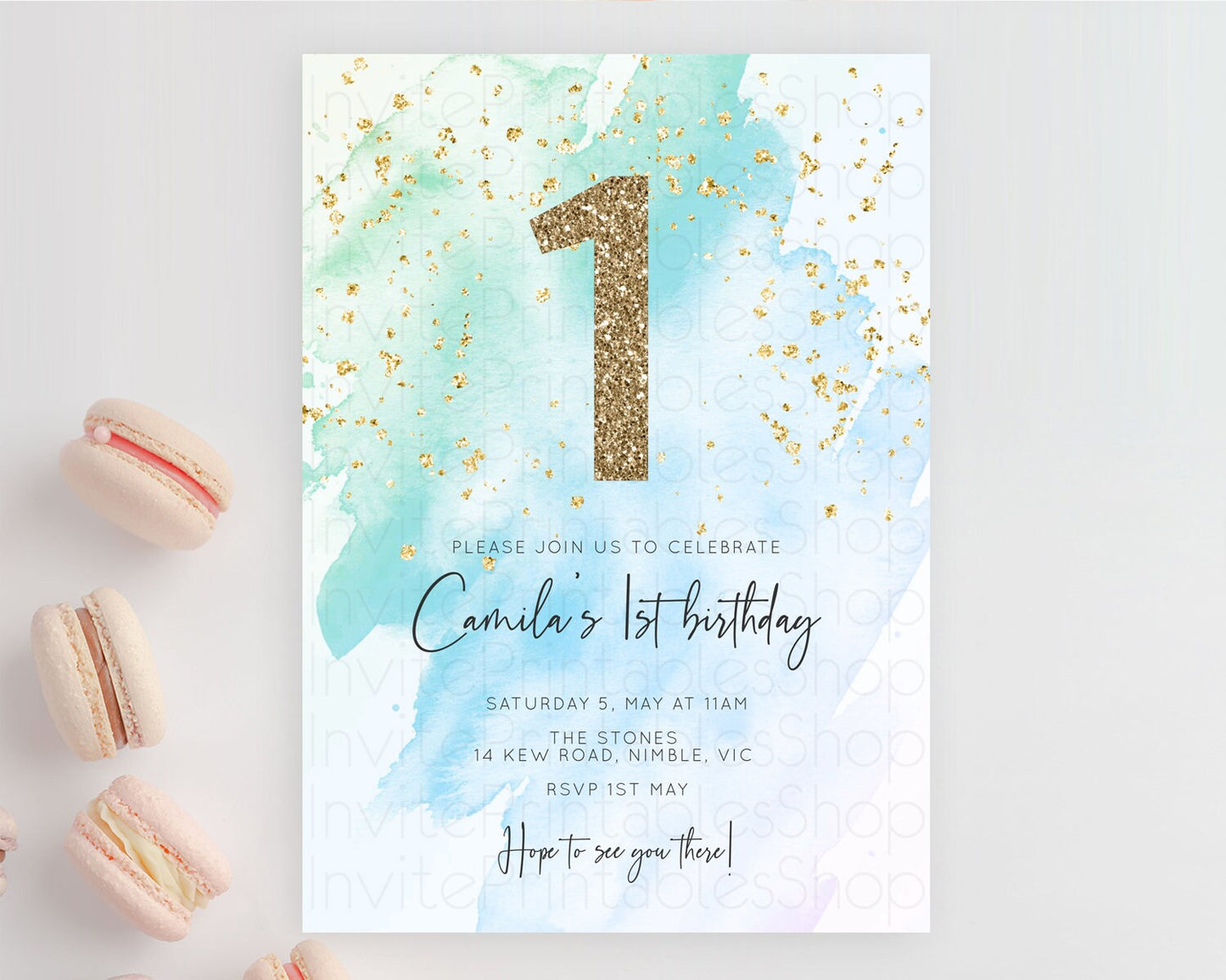 Blue Birthday Invitation Blue Watercolor Invitation Pastel Blue Watercolor Invitation Blue Splash Gold Invitation 1st First Birthday D10168