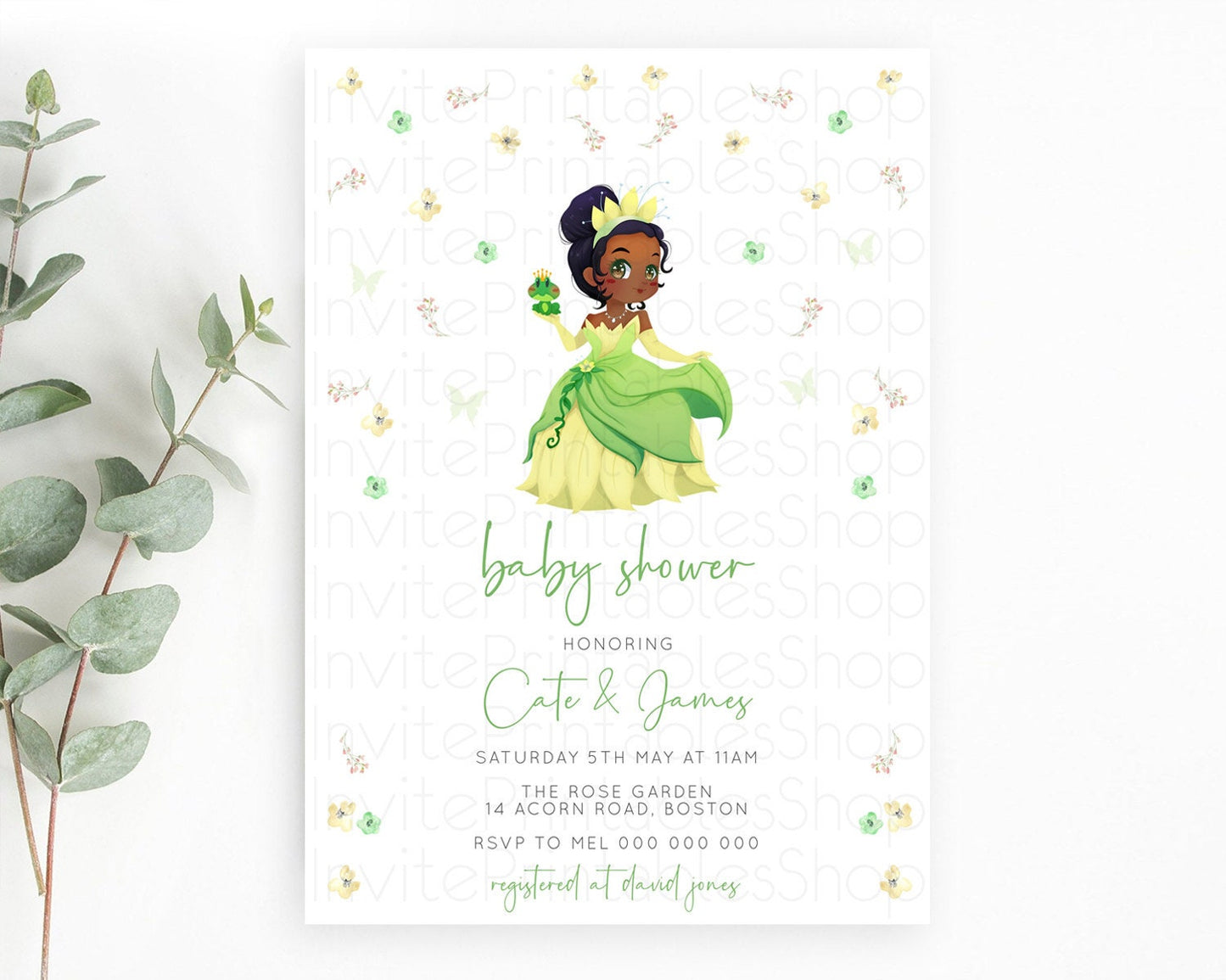 Princess Baby Shower Invitation, Enchanted Garden, Secret Garden, Floral Garden, Princess and Frog - Yellow and Green Flower Theme D10348